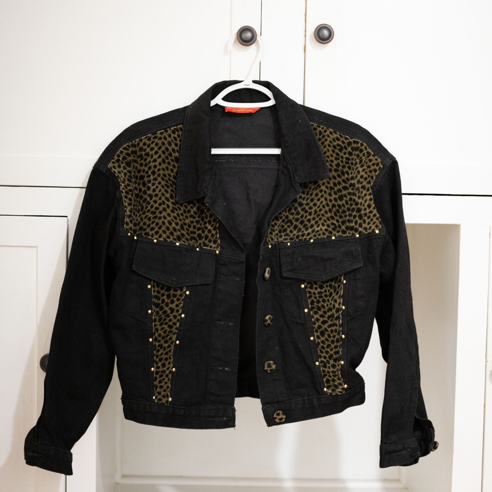 Black Denim Jacket / Cheetah Print